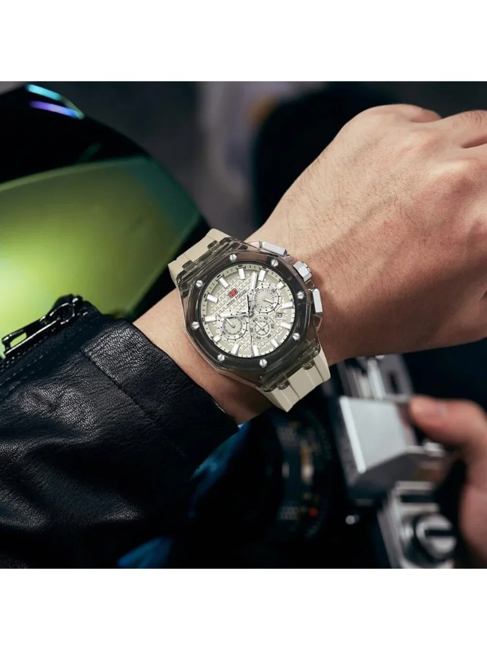 Men's Off White Analog Quartz Unique Transparent Mutifunction Waterproof Watch
